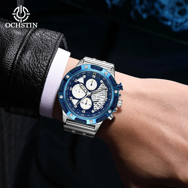 

OCHSTIN мужские часы с хронографом из нержавеющей стали, многофункциональные кварцевые часы, мужские новые распродажи, водонепроницаемые наручные часы с календарем