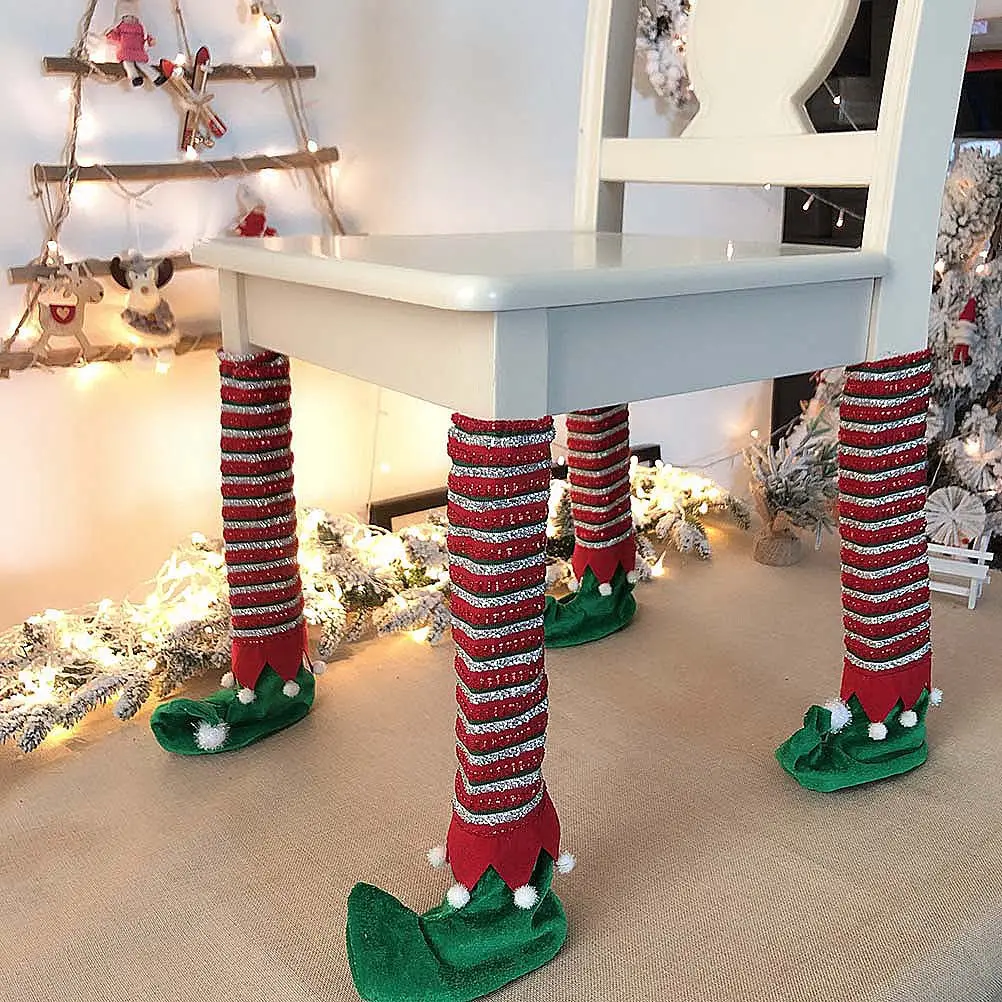 Christmas Table Foot Protectors – Striped Elf Chair Leg Covers, Festive Cloth Sleeves for Holiday Decor