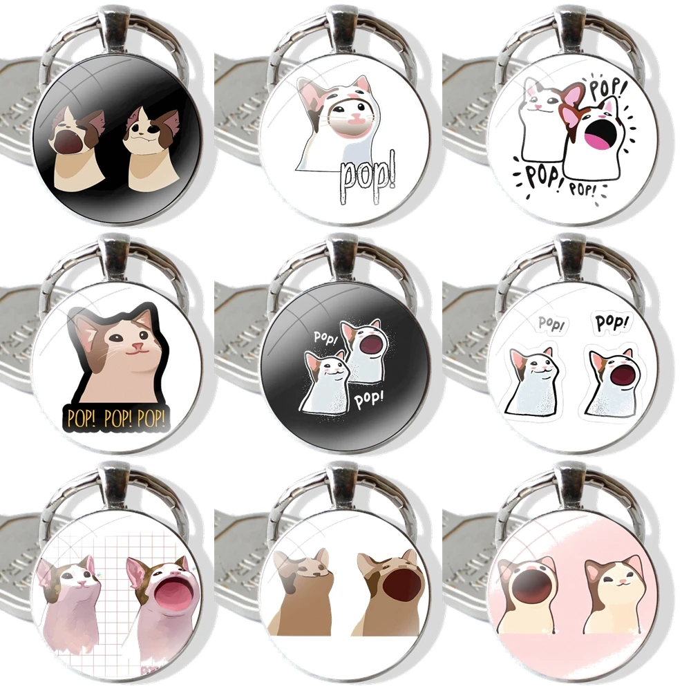 Pop Cat Meme Popcat Popping Cat Keychain Handmade Glass Cabochon Key Ring Holder Pendant Key Chains