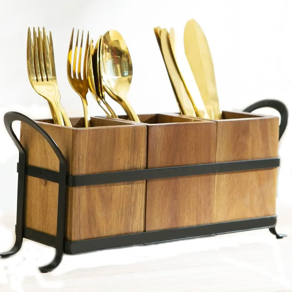 

3-Section Wooden Flatware Caddy with Metal Tray, Rustic Silverware Holder for Farmhouse Kitchen Countertop