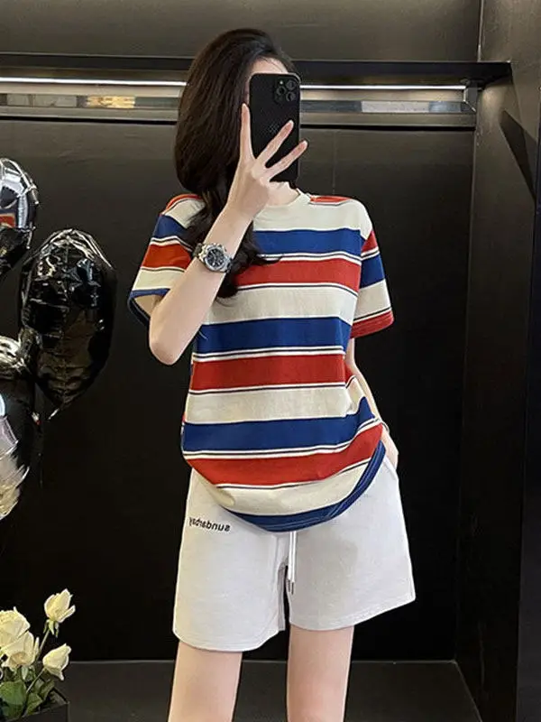 Fashionable Sporty Casual Set Women's Summer Contrast Color Loose Anti-Aging Slimming Striped Short Sleeve Shorts Two-Piece Set