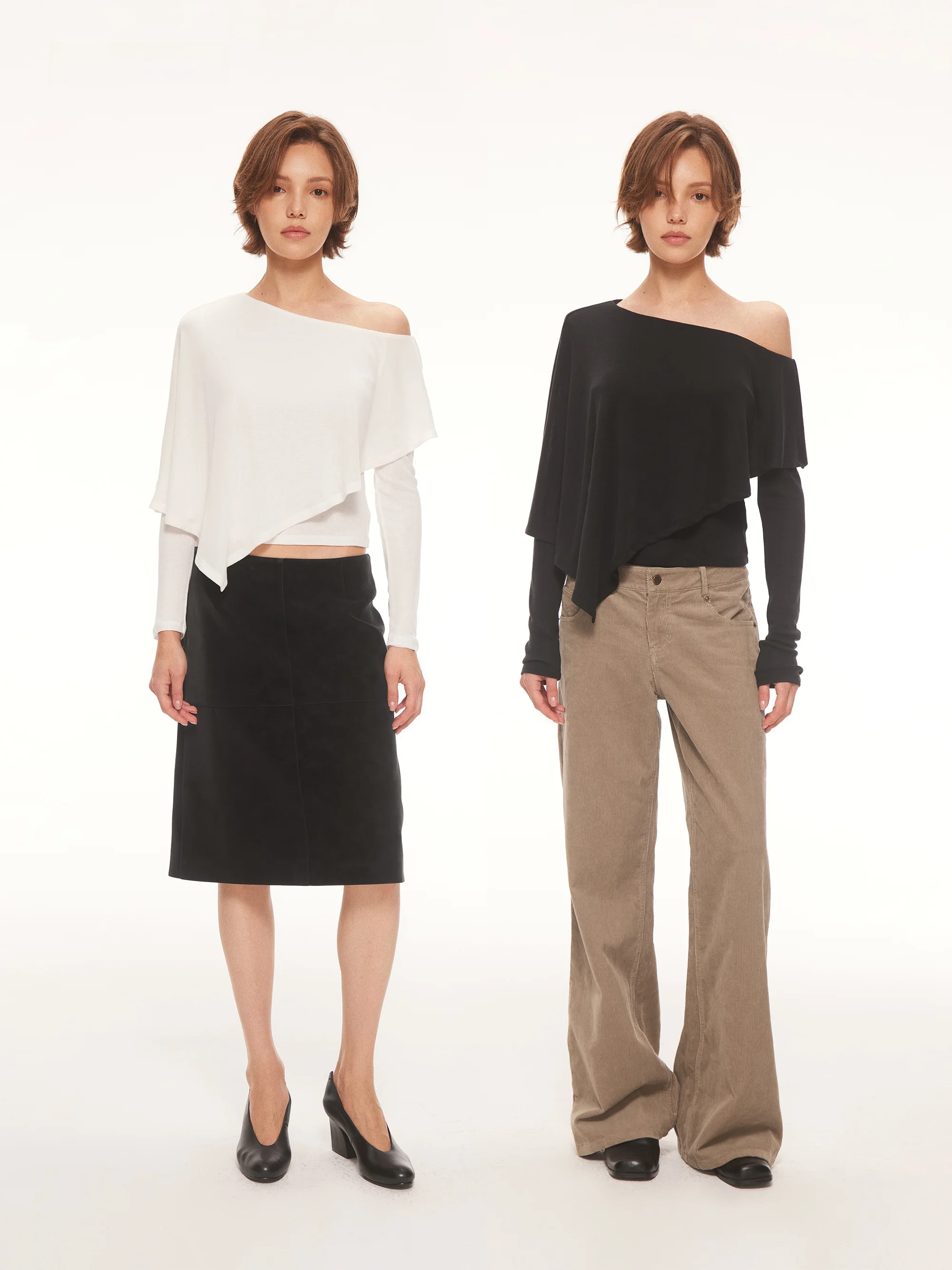 AHNKANK Autumn New Wool Blend Asymmetrical Shoulder Cloak Shoulder Length Sleeve Slim Fit Long Sleeve T Shirt Women