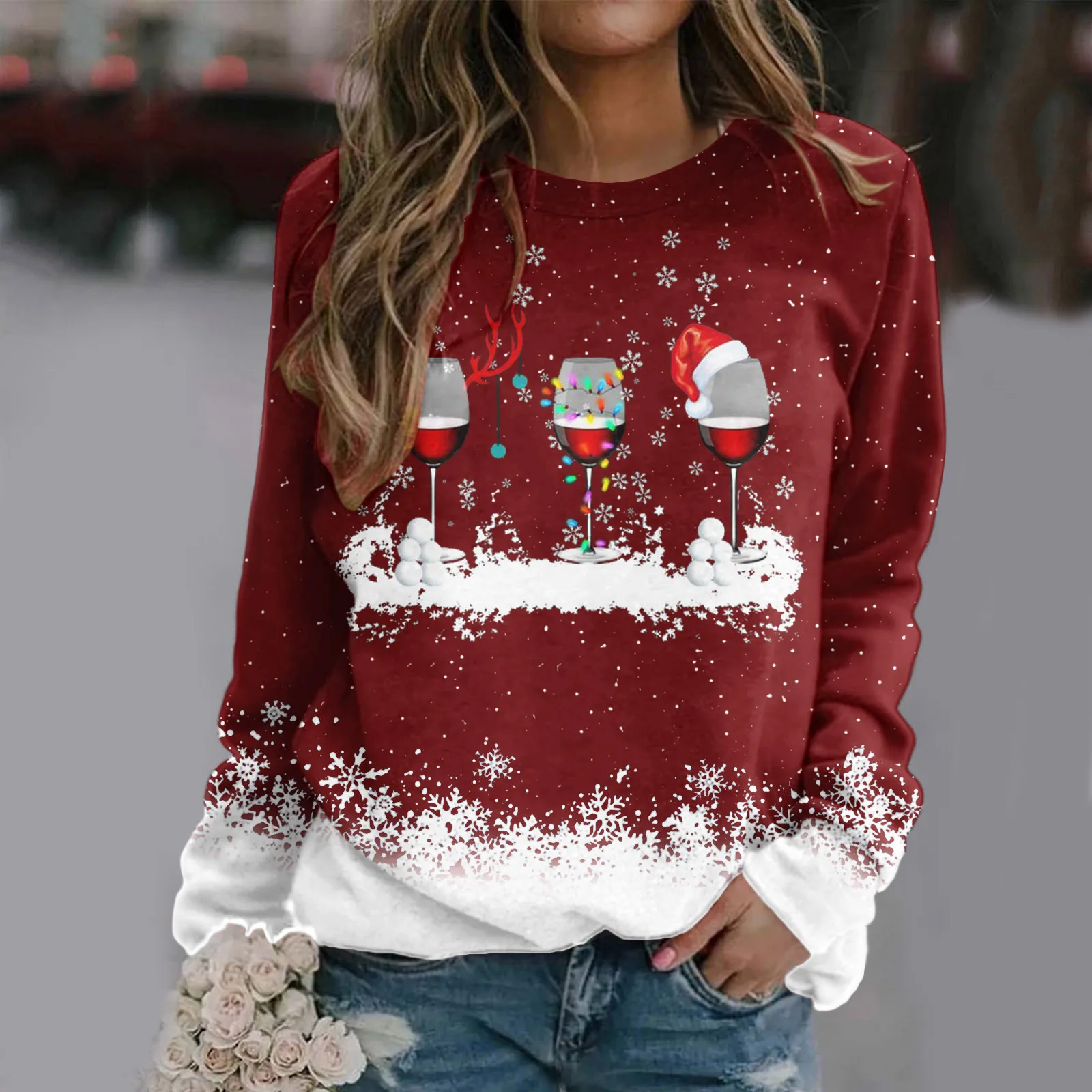 

Oversized Sweatshirt For Women Santa's Hat Wine Glasses Snowflake Christmas Pattern Hoodless Pullover Graphic Hoodies For Female