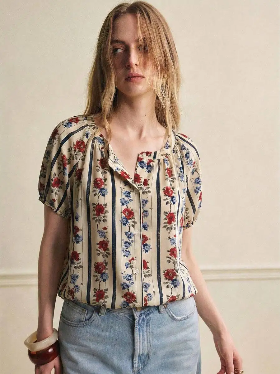 

Womens Loose Fit Round Neck Button Up Shirt With Floral Print Vintage Blouse Casual Summer Top