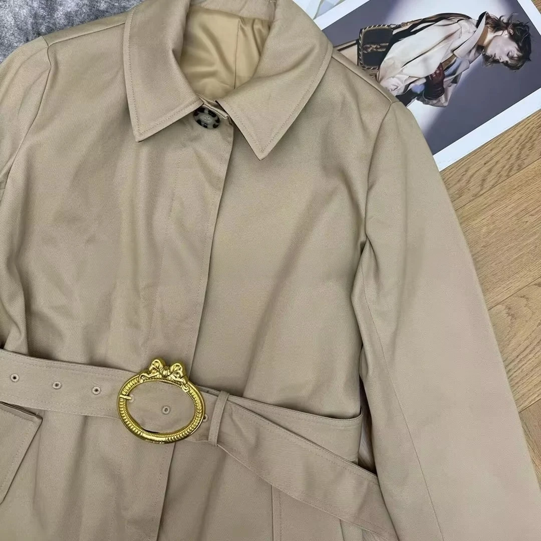 2026 New Autumn Elegant Fashion Cotton Khaki Color Long Trench Coat Women Lapel Single Button Long Sleeve Metal Buckle Belt Coat
