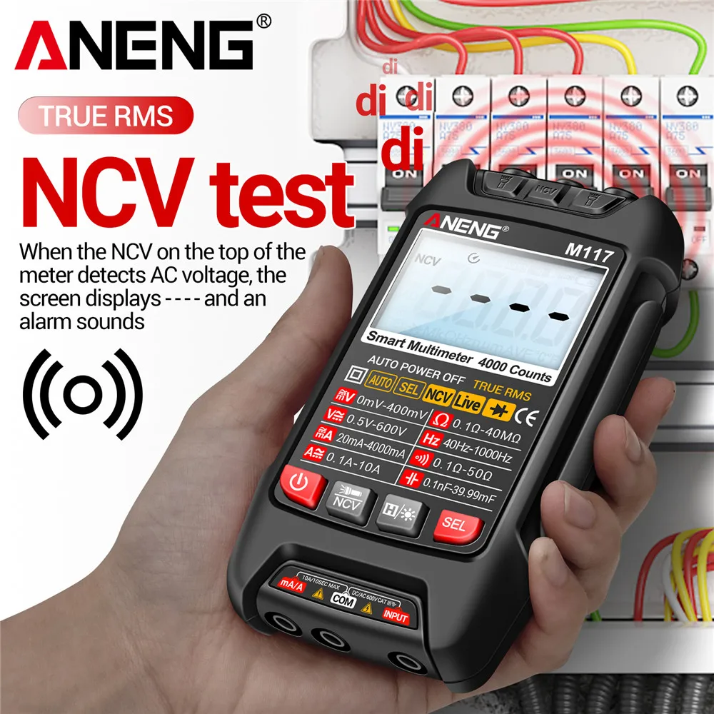 Multímetros ANENG M117 de 600V con Diodo NCV, Probador de Buzzer, Herramienta Multímetro para Medir Voltaje, Corriente, Ohmios y Capacitancia 4000
