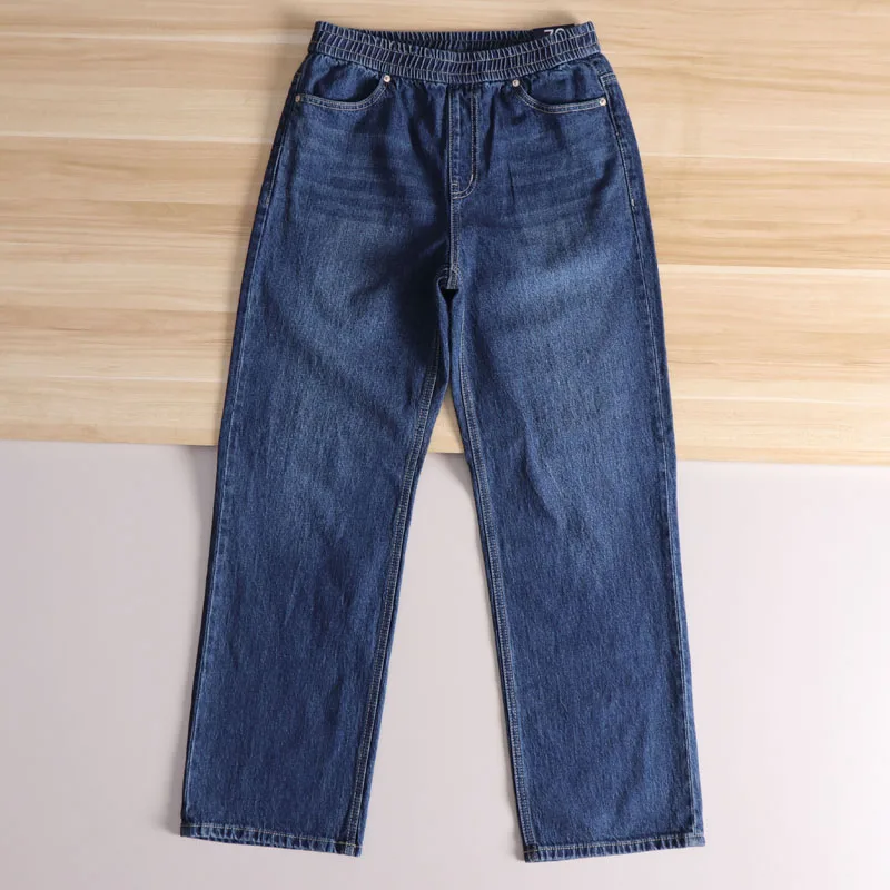 

Широкие прямые хлопковые джинсы с эластичной резинкой на талии, мужские осенние джинсовые брюки с ферментом на талии, свободные удобные современные брюки