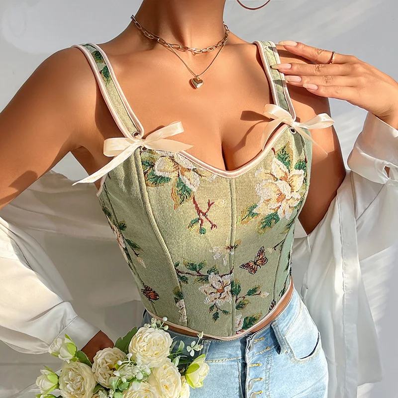 French-Style Bow-Tie Lace-Up Floral Sexy Shaping Women's Spaghetti Strap Printed Fitted Crop Corset Camis Breasted