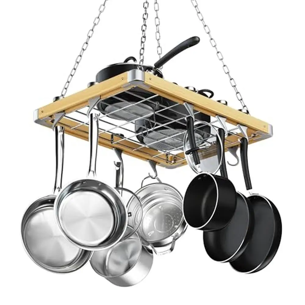 

Wooden Pot Rack Ceiling Mounted 24"x18" Brown Pan Swivel S-type W-type Hooks Natural Wood Track Metal Grate Easy Install Movable