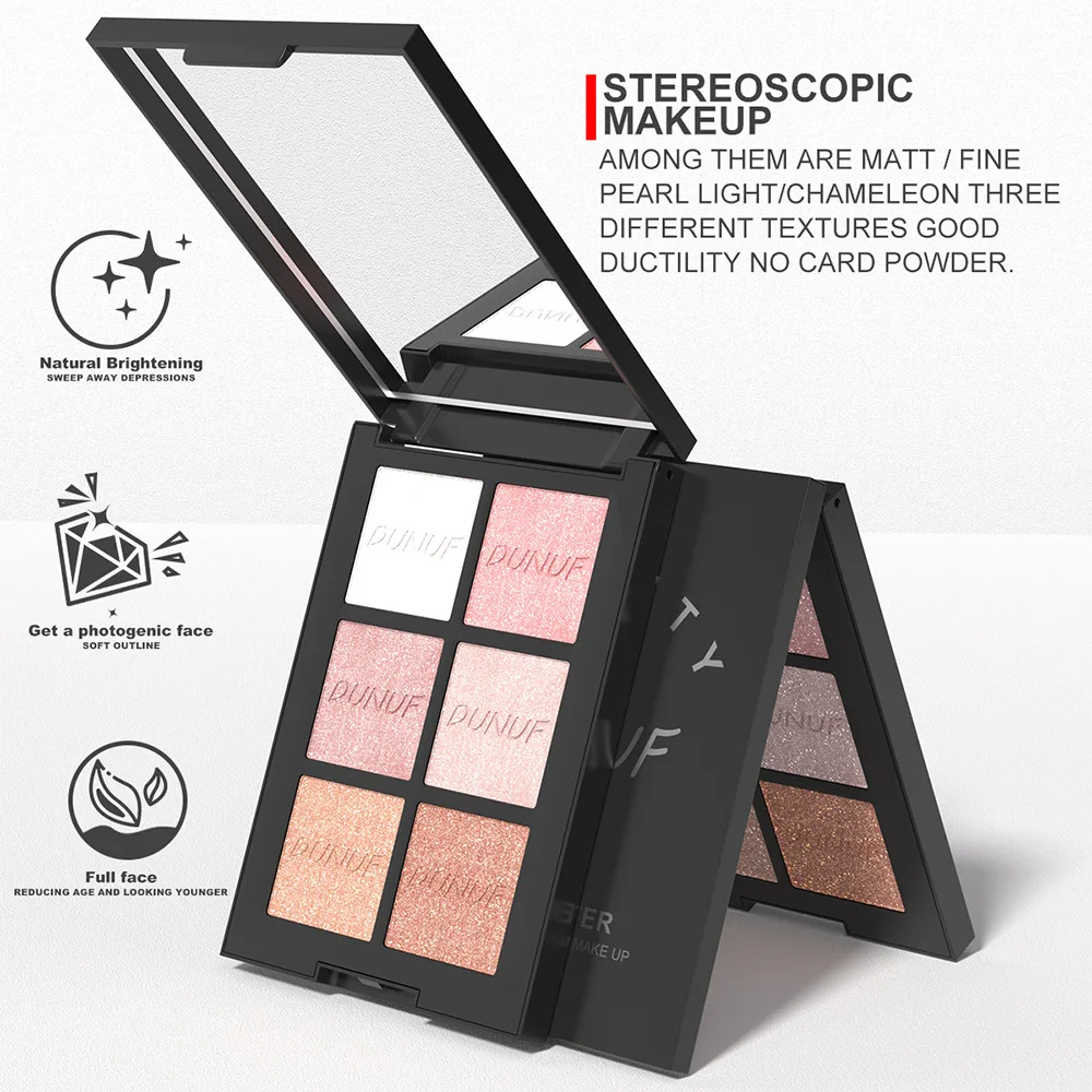 Paleta rozświetlaczy z 6 kolorami perłowych, rozświetlających cieni do twarzy i ciała, zestaw do makijażu z efektem połysku, do nosków, kości policzkowych, do codziennego użytku z lusterkiem.