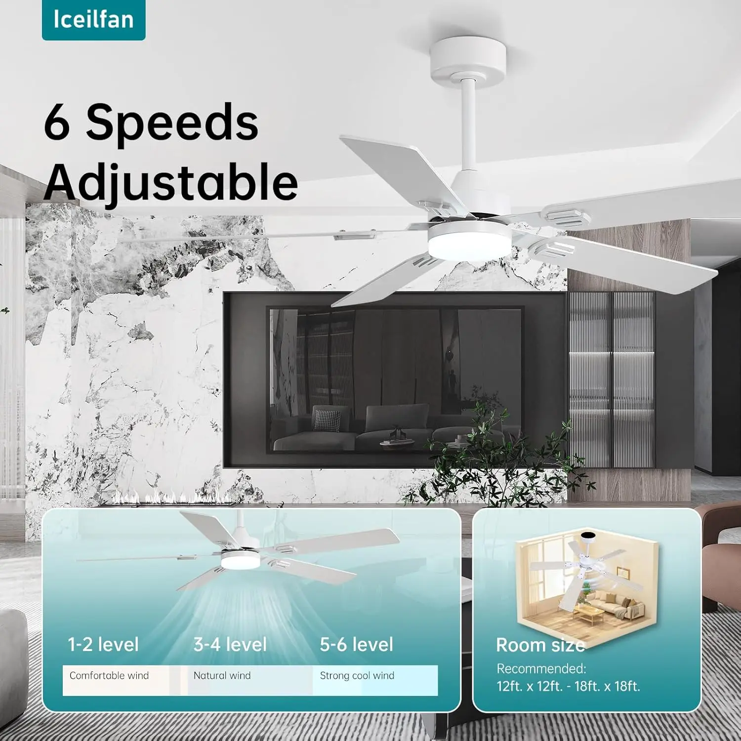52 Inch Ceiling Fans with Lights and Remote Control,Reversible Ceiling Fans with Dimmable LED Lights and Remote DC Motor 6Speeds