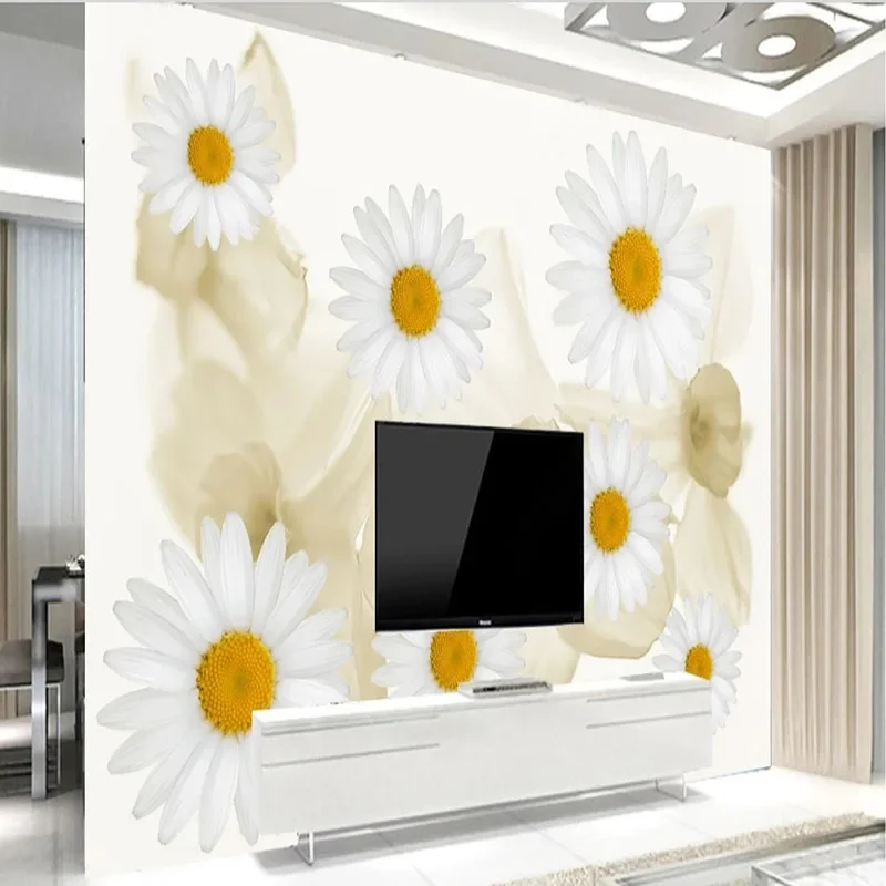 Personalizado 3d foto mural pintura da parede branco margaridas fresco flor fundo papel de parede pintado pared decoração casa tapety fresco