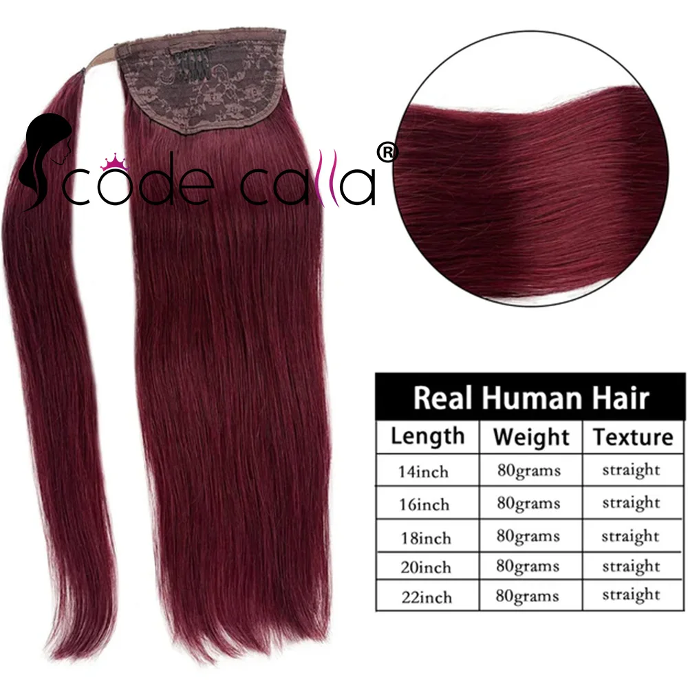 Cola de Caballo de color burdeos para mujer, extensiones de cabello humano largo y liso, piezas de cola de caballo con cordón Natural, 99J