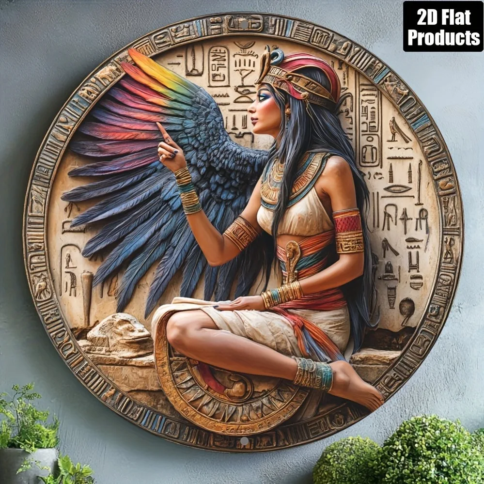 2D Metal Sign, Egyptian Goddess Isis Metal Wall Art, 7.87x7.87 inch Round Iron Hanging with Vivid Print, Ancient Hieroglyphics &