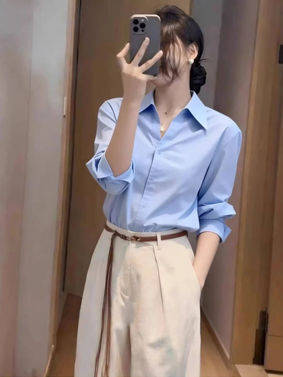 

Женская синяя рубашка свободного кроя с длинным рукавом для повседневной носки, весенняя модная модель, стройнящая, универсальная, премиум-класса, из высококачественного полиэстера