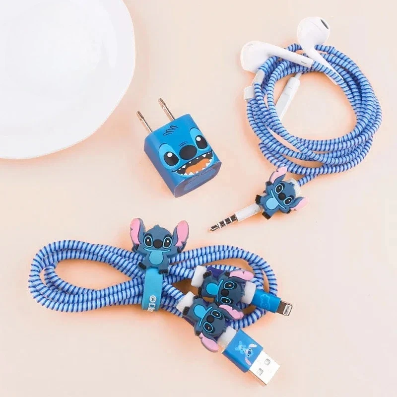 

Stitch Iphone Charger Cables Protector Winder Sticker Disney Kawaii Figures Data Line Head Headphone Usb Protection Wire