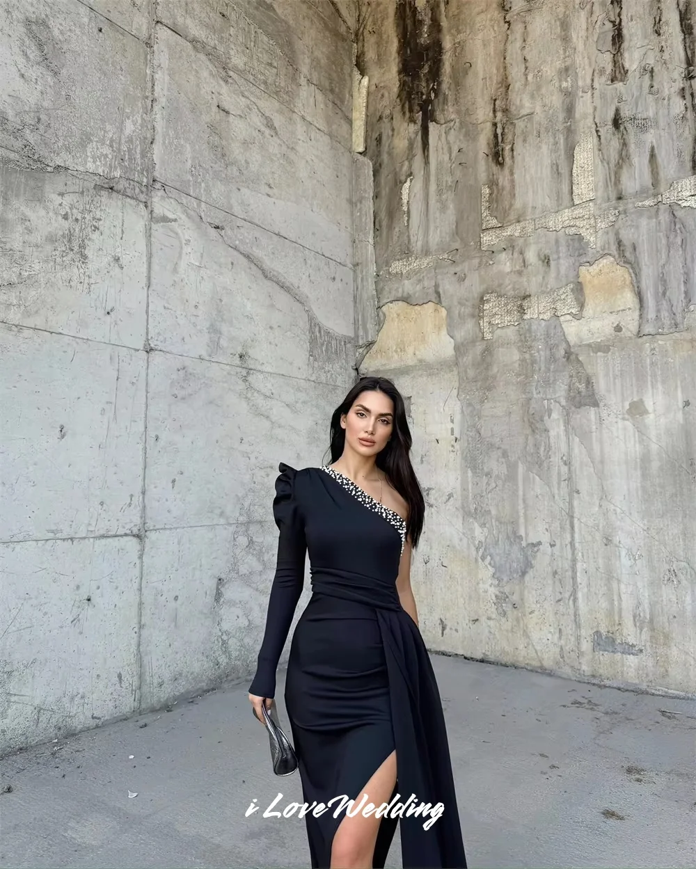 Black One Shoulder Evening Dresses 2025 Satin Long Sleeve Beaded Mermaid Side Split Floor-Length Sweep Train Pleated Customized