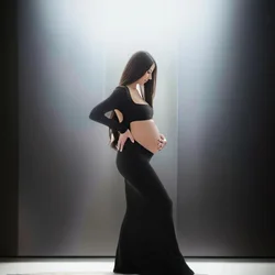 Cut Out Maternity Dress for Photos Open Belly Long Sleeve Photography Gown Square Neck Maternity Outfit Dresses