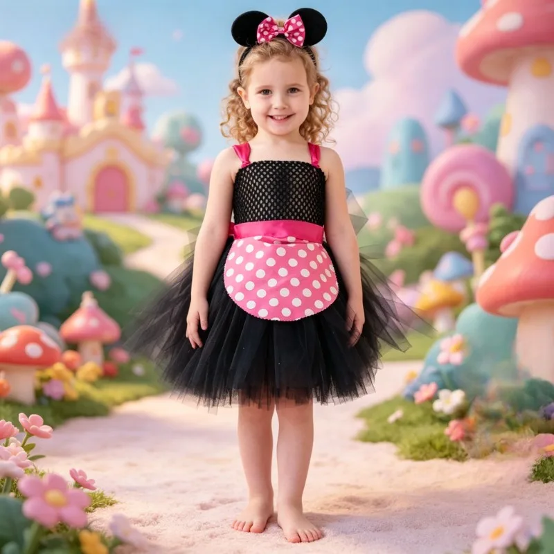 

Girls' Fluffy Tulle Dress with Cartoon Mouse Pattern, Sweet Princess Style Kids Outfit, Costume for Birthday Parties Occasions