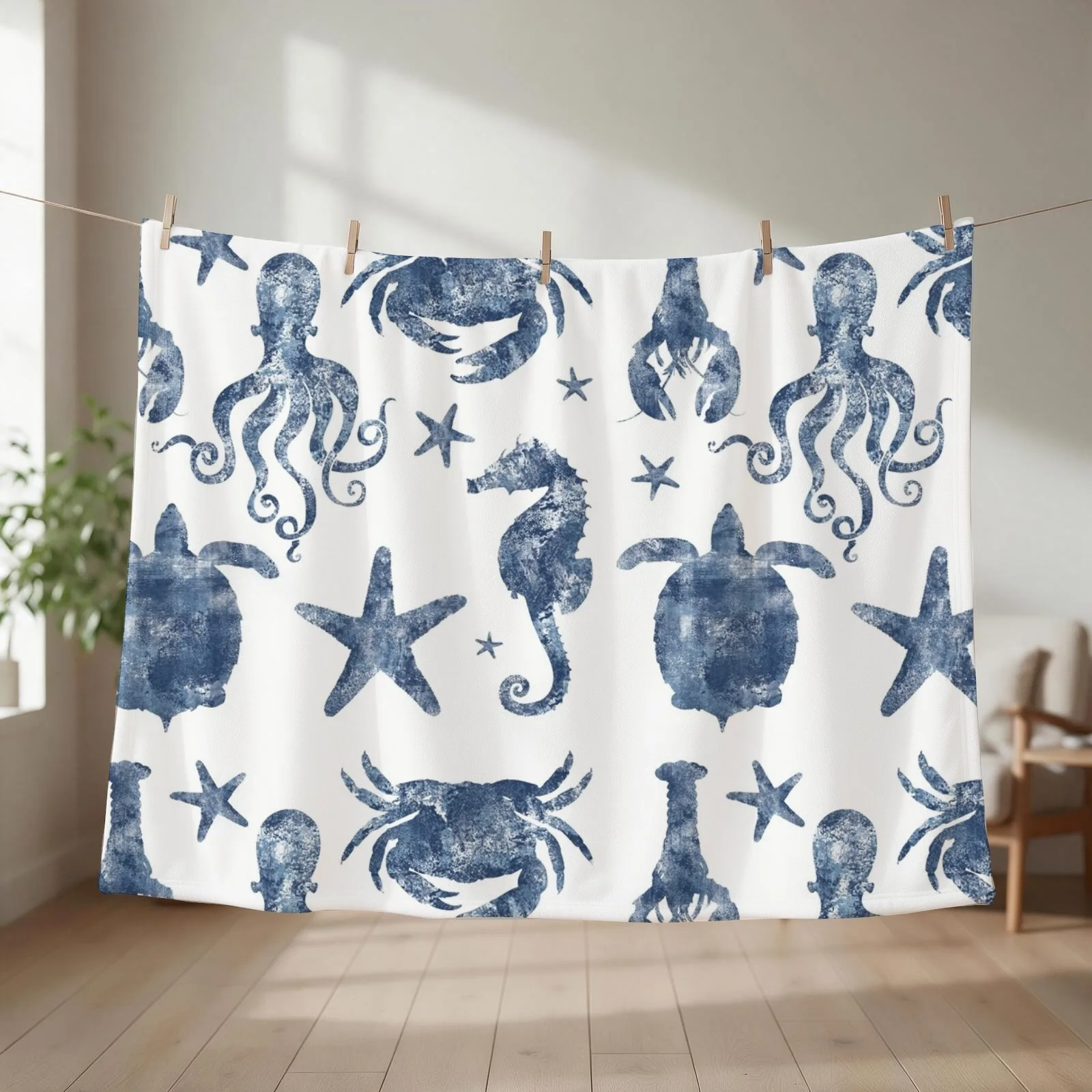 Nautical Marine Life, sea star, seahorse, turtle, octopus, coastal beach Throw Blanket