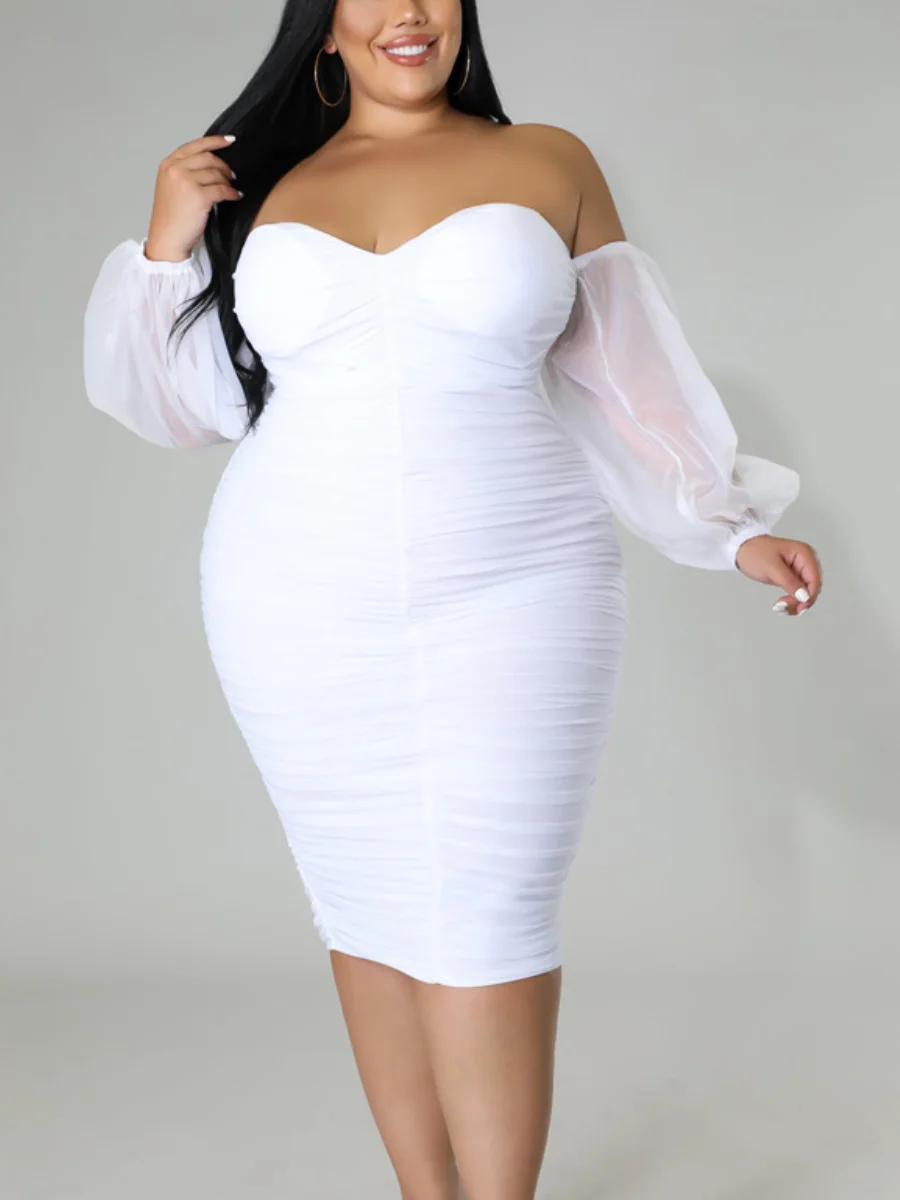 LW Off The Shoulder Ruched Bodycon Dress Hubble Bubble Sleeve Elegant Plain White Dresses Autumn Strapless Mesh Patchwork Dress