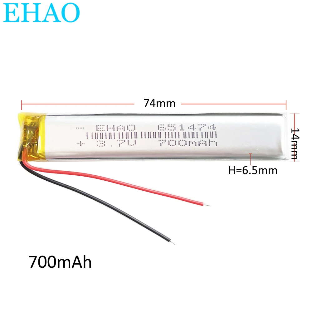 10 PCS 3.7V 700mAh Long Strip Lithium polymer Battery 651474 For Light bar Bike Bluetooth LED Light Massager GPS Speaker