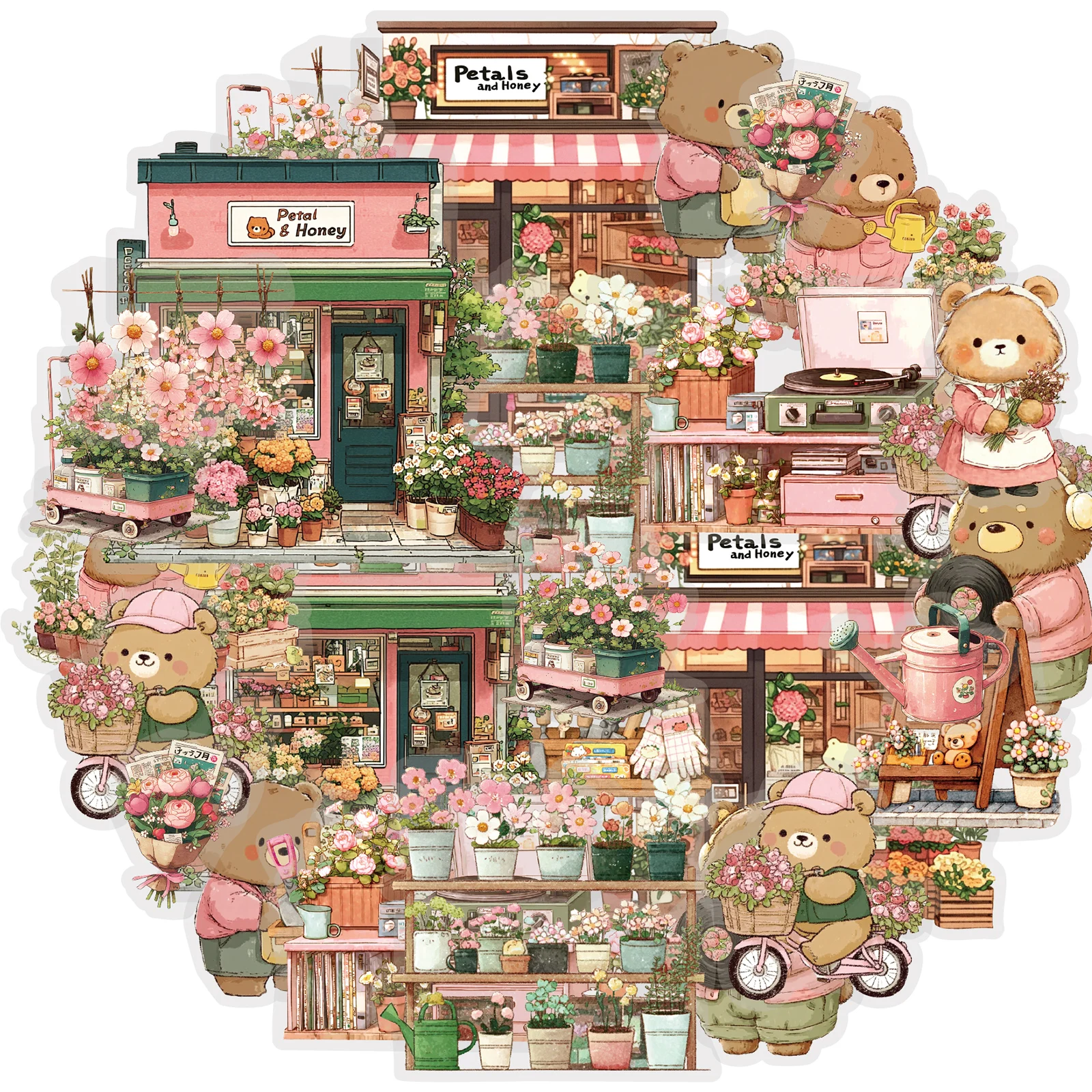 Etori Life 15Pcs Cute Bear with Floral Design and City Architecture Pattern Pet Stickers Suitable for Laptops, Guitars, Diaries, Helmets, Bicycles, Scrapbooking Supplies, Birthday and Holiday Gifts, DIY Crafts, Office Decoration Accessories, Art Aesthetics, Waterproof Stickers, High-Quality Irregular Stickers, Korean Stationery