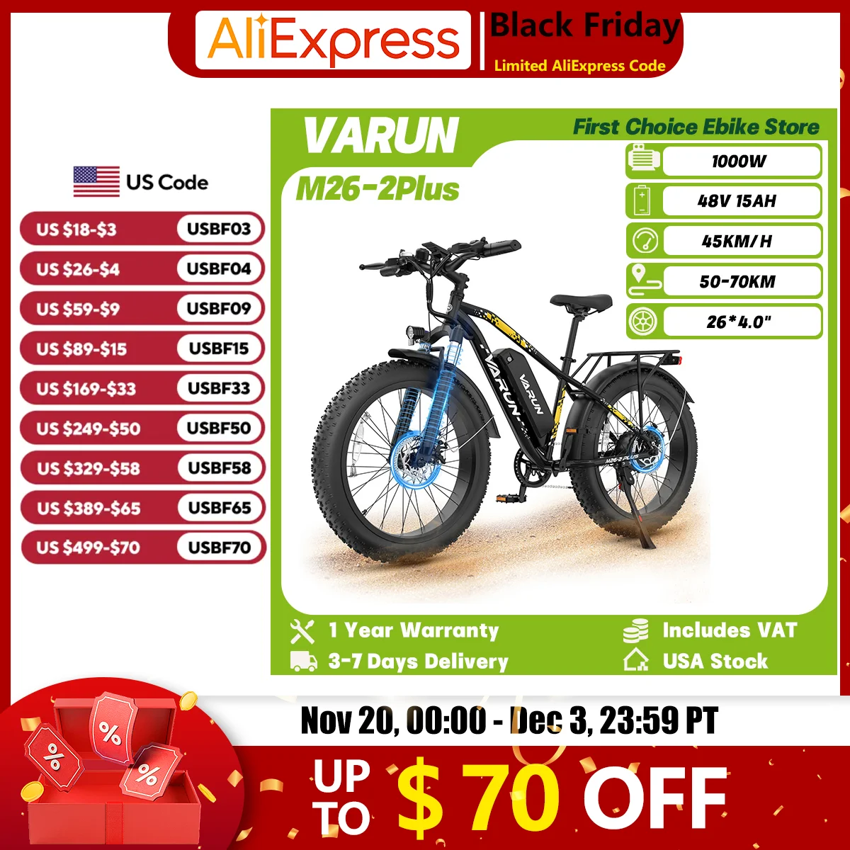 

VARUN M26-2Plus Adult Mountain Ebike 1000W Peak Motor 48V 15 Ah Battery Off-Road Electric Bike 26*4.0" Fat Tire Electric Bicycle
