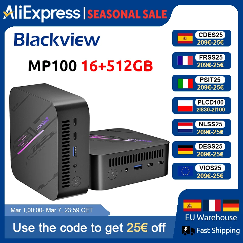 Blackview MP100 NUEVO Mini PC AMD Ryzen 5 7430U Windows 11 6 Núcleos 12 Hilos 16GB DDR4 512GB SSD WiFi 6 Mini Ordenador PC BT5.2