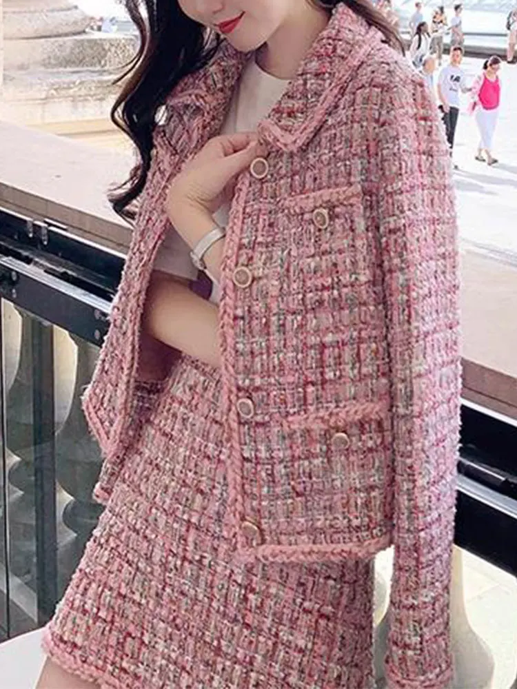 Fashion Elegant Pink Tweed Suit Women 2023 Autumn Winter Doll Collar Long Sleeve Single-Breasted Coat+A-Line Skirt Two-Piece Set