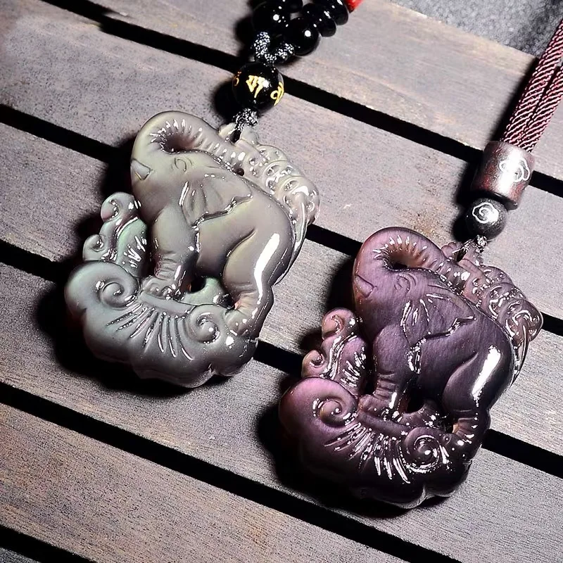 

Rough Stone -like Color Obsidian Lucky Elephant Men's and Women'sPendant