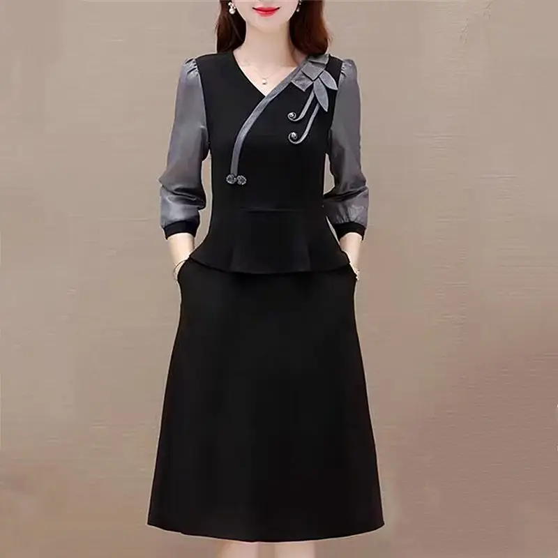 Women V-neck Spring Autumn New Fashion Retro Spliced Bow Ruffles Ruched Long Sleeve Button Fake Two Piece Slim A-Sub Dress Dress