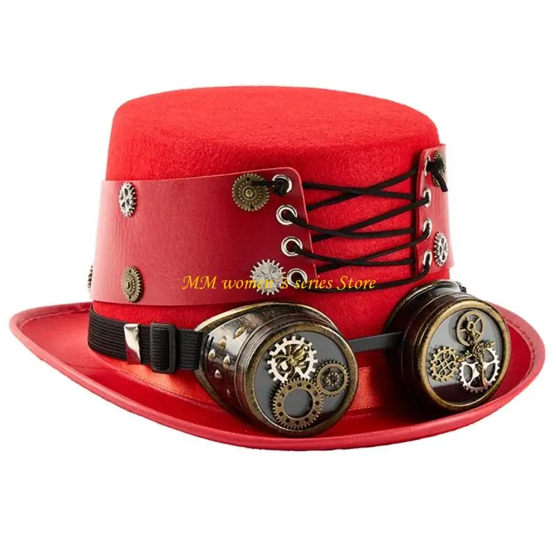 Q39C Cappello a cilindro in lana con occhiali rimovibili e decorazioni per ingranaggi per eventi a tema