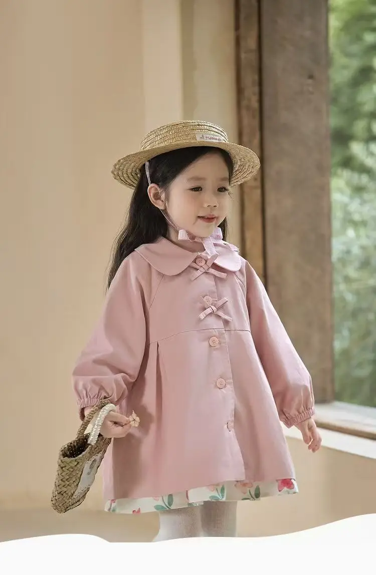 Chaqueta para niños primavera y otoño nuevo cuello de bebé Edición coreana abrigo con nudo de mariposa de Color sólido de moda medio a largo