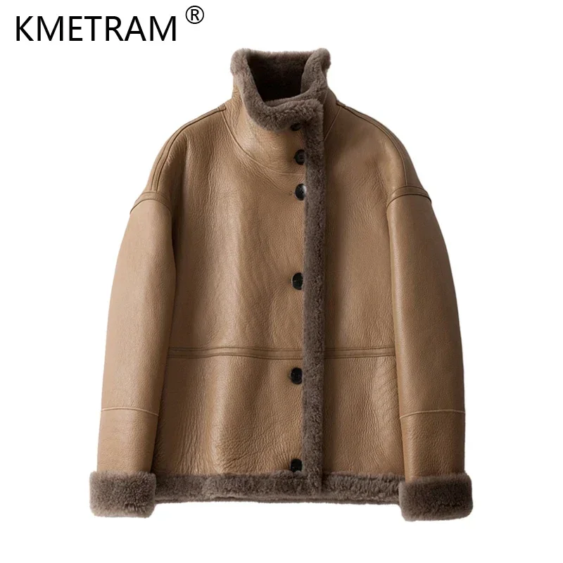 Natürlicher Merino-Pelzmantel für Damen, 2024, Winter, kurzer Stehkragen, echte Lederjacke, Motorrad-Pelzmäntel, Chamarras Para Mujeres