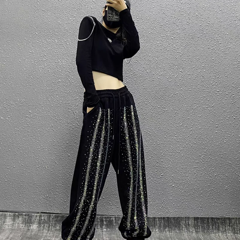 Hot Diamond Fleece Sports Casual Pants for Women Autumn and Winter New High-waisted Loose Versatile black Pants Street Hipster