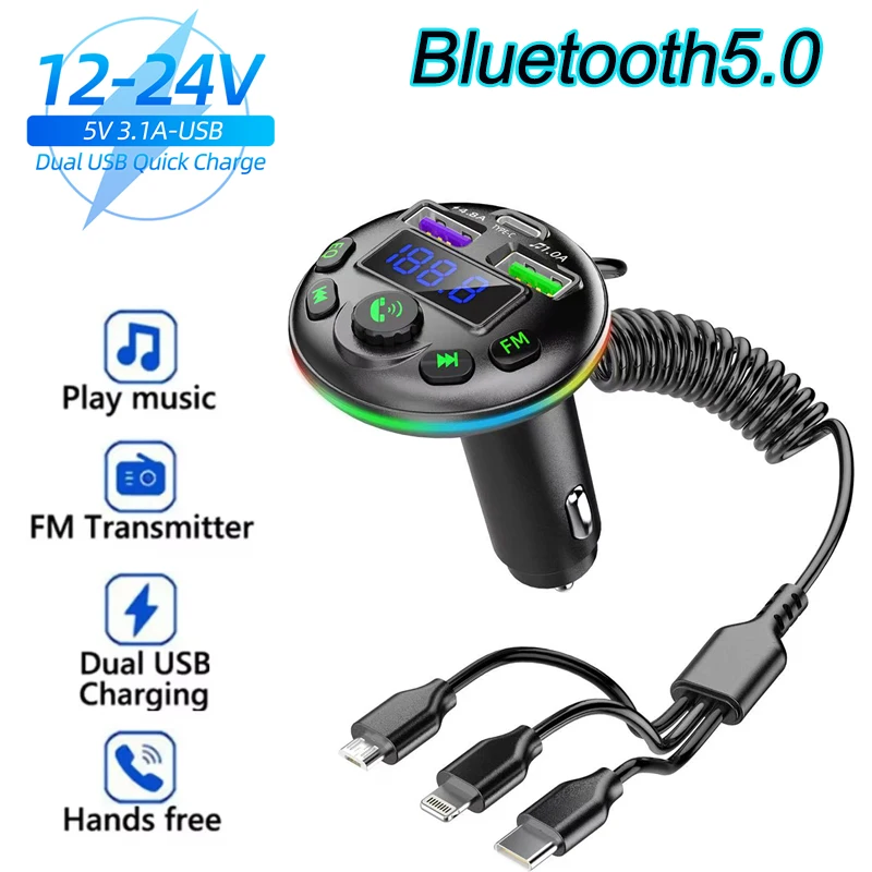 

Bluetooth 5,0 FM-передатчик громкой связи автомобильный радиомодулятор MP3-плеер с цветным адаптером для зарядки окружающего света для автомобиля