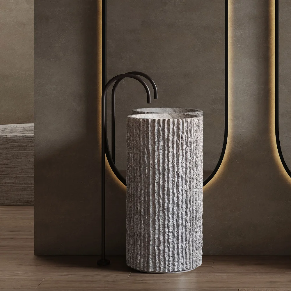 Round Stone Texture Integrated Pedestal Sink, Retro Outdoor Wash Basin for Balcony, Courtyard & Chinese Style Restaurant RS2330