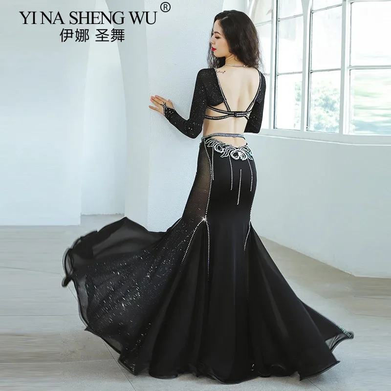 새로운 밸리 댄스 공연 의상 블랙 긴 소매 중공 피쉬 테일 스커트 여성 전문 경쟁 공연 댄스 세트
