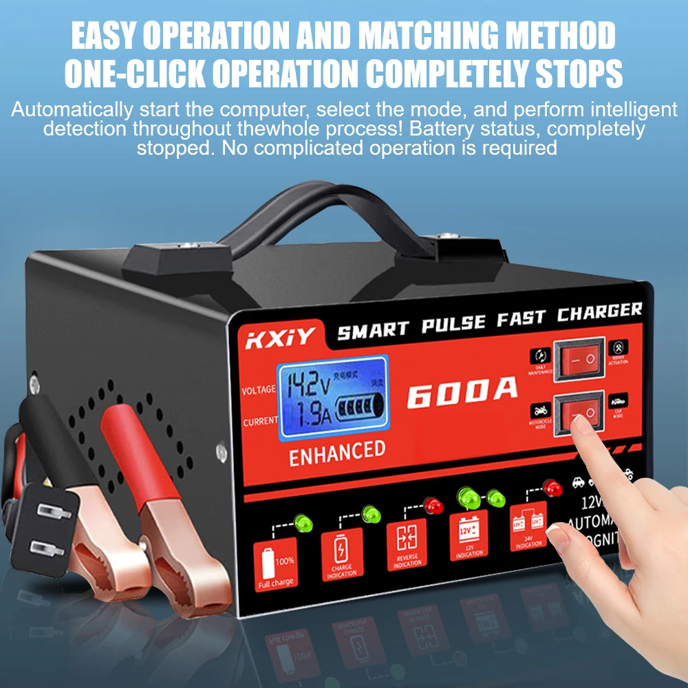 Automatic Stop Voltage Temperature Detection 12V 24V 600A Digital LCD Display Car Battery Charger Intelligent Pulse Repair