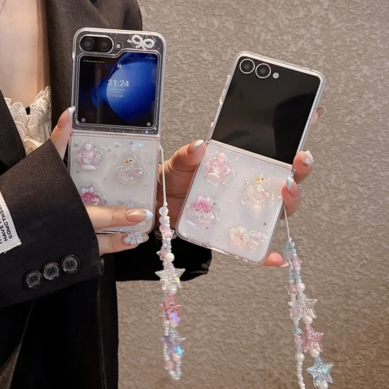 Clear Sequins Star Swan Cute Phone Case For Samsung Galaxy Z Flip 7 6 5 Z Flip6 ZFlip7 Cover with Chain Kawaii Cases Bling Funda