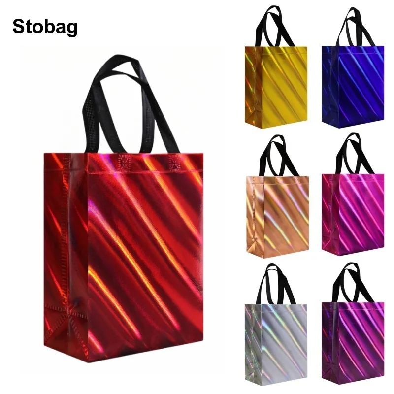 

StoBag 25pcs Laser Non-woven Tote Bags Gift Packaging Color Shopping Portable Fabric Reusable Pouches Party Favors Birthday