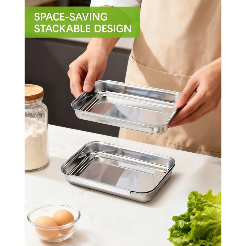 Utility Design Breading Trays Set of 3, Interlocking Stainless Steel Tray for Chicken, Fish, or Meat, Deep Dredging Trays for Br