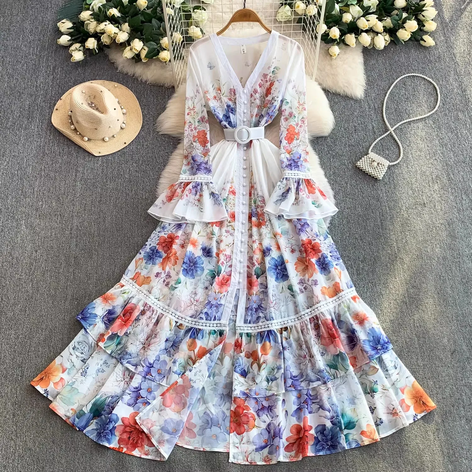 

Women Floral Print Cascarding Long Dress Summer Casual Flare Sleeve Belt Lace Up Lace Spliced Bohemian Beach Maxi Dresse