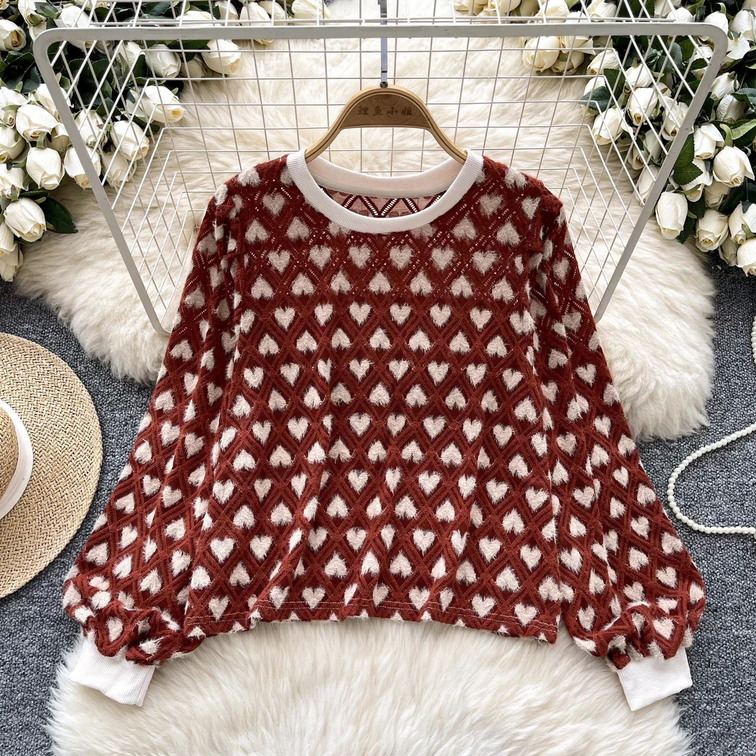 Basics Long Sleeves Vintage O-neck Love Pattern Patchwork Loose Sweater Top French Streetwear High Street Autumn Winter Clothing