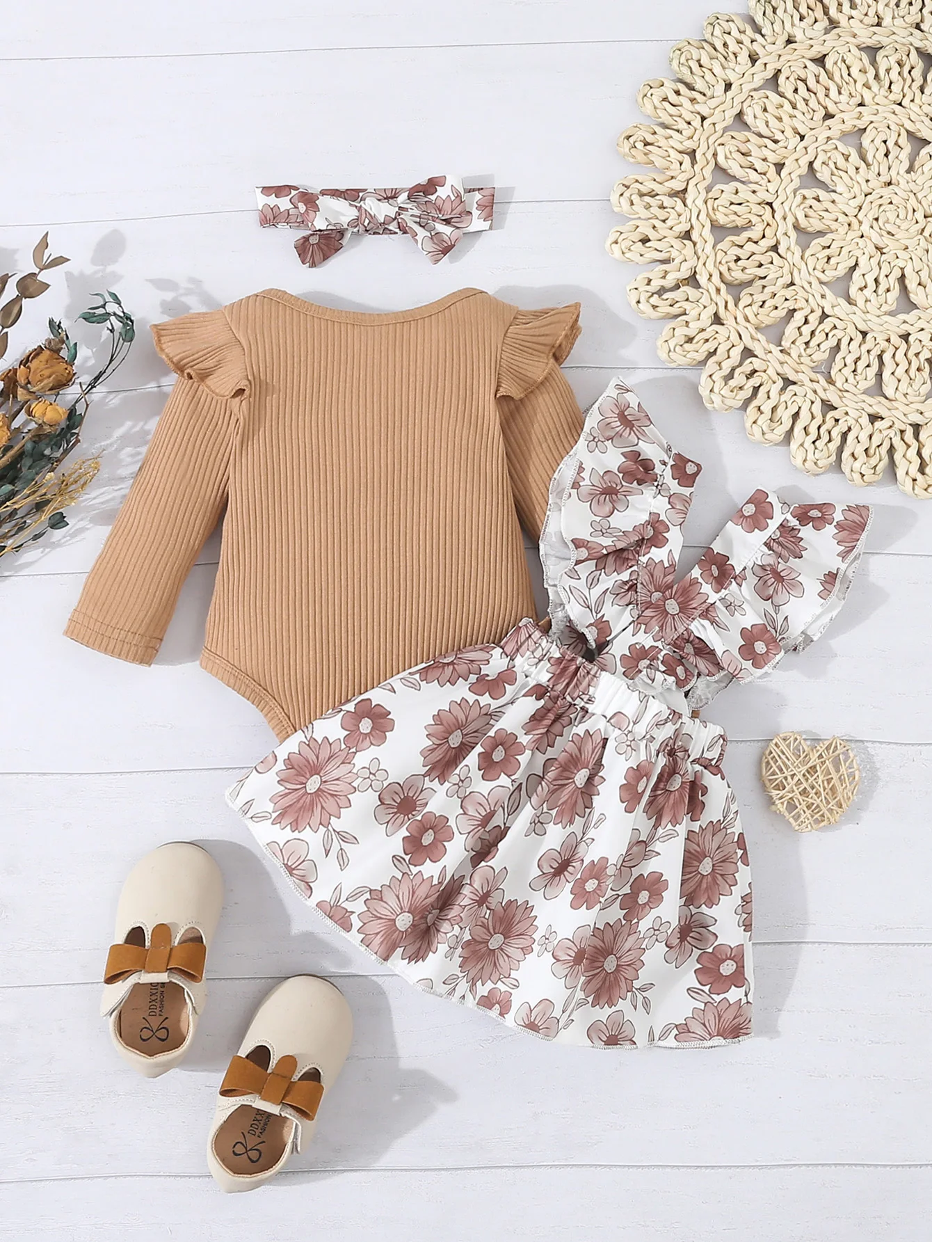 Baby Girls Autumn Brown Pit Strip Small Flying Sleeve Romper Triangle Romper with Flowers ruffles Strap Skirt and Headscarf Casual 3-piece Set