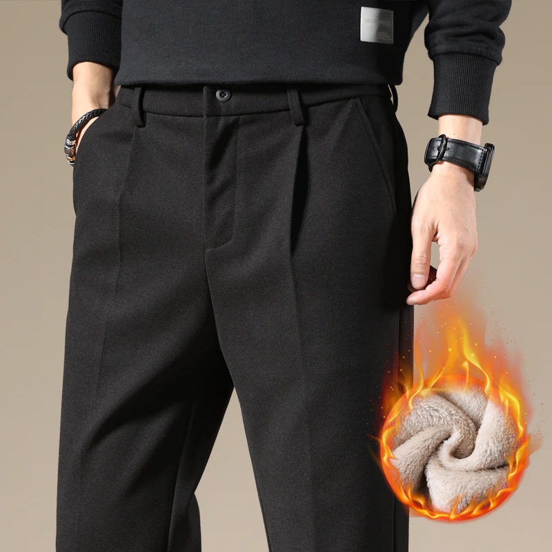 2023 Autumn Winter Fashion Men Casual Formal Pants Men Wool Liner Thick Slim Fit Man Trousers High Waist Warm Suit Pants 28-40