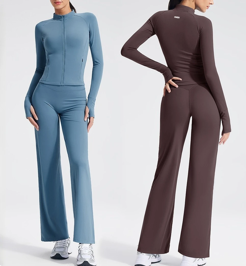 Women Zip Thumb Hole Crop Jacket High Waist Stretch Straight Leg Yoga Pants Quick Dry Gym Jogging Training Active Sportswear