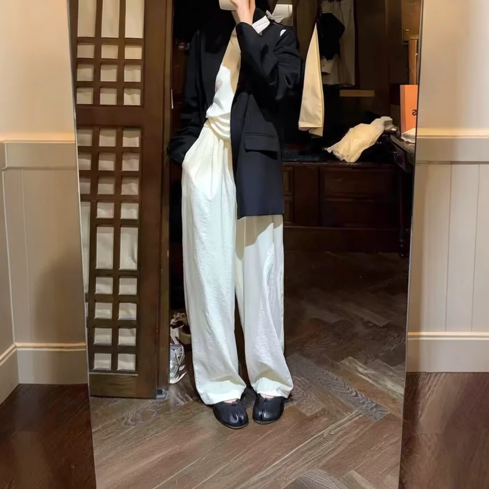 Casual Wide Leg Trousers Women Summer High Waisted Loose Satin Pants Breathable Drape Comfortable Office Daily Bottoms
