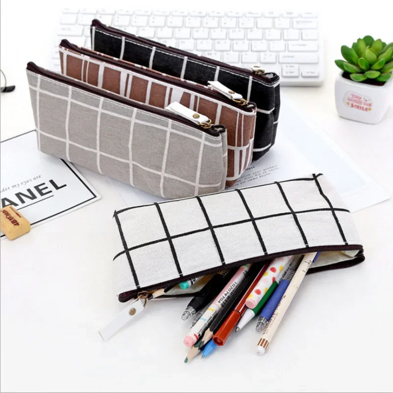 Canvas Pencil Case Simple Creative Striped Square Grid Solid Color Cute Pen Bag Pouch Office Students Stationery School Supplies